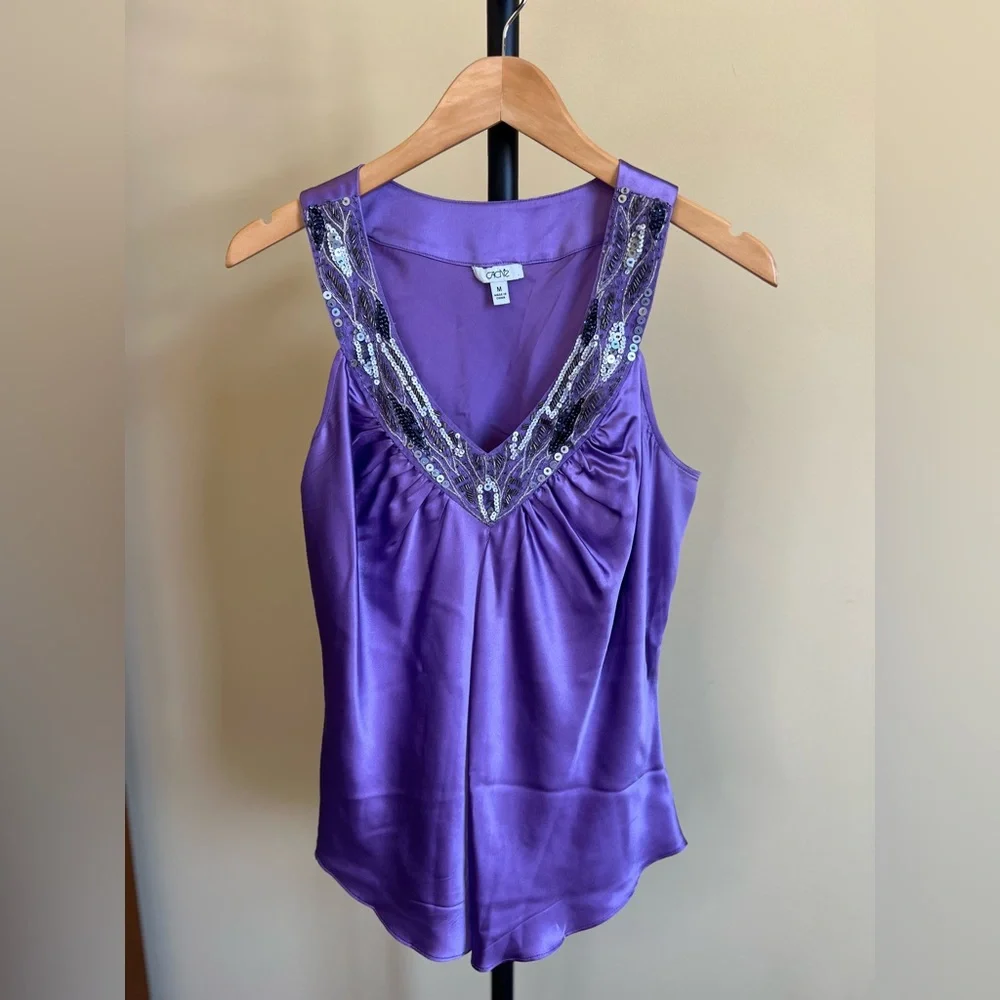 Cache Top Vintage Silk Jazz Age Blouse Sleeveless Sequined Amethyst Size M - Picture 7 of 16